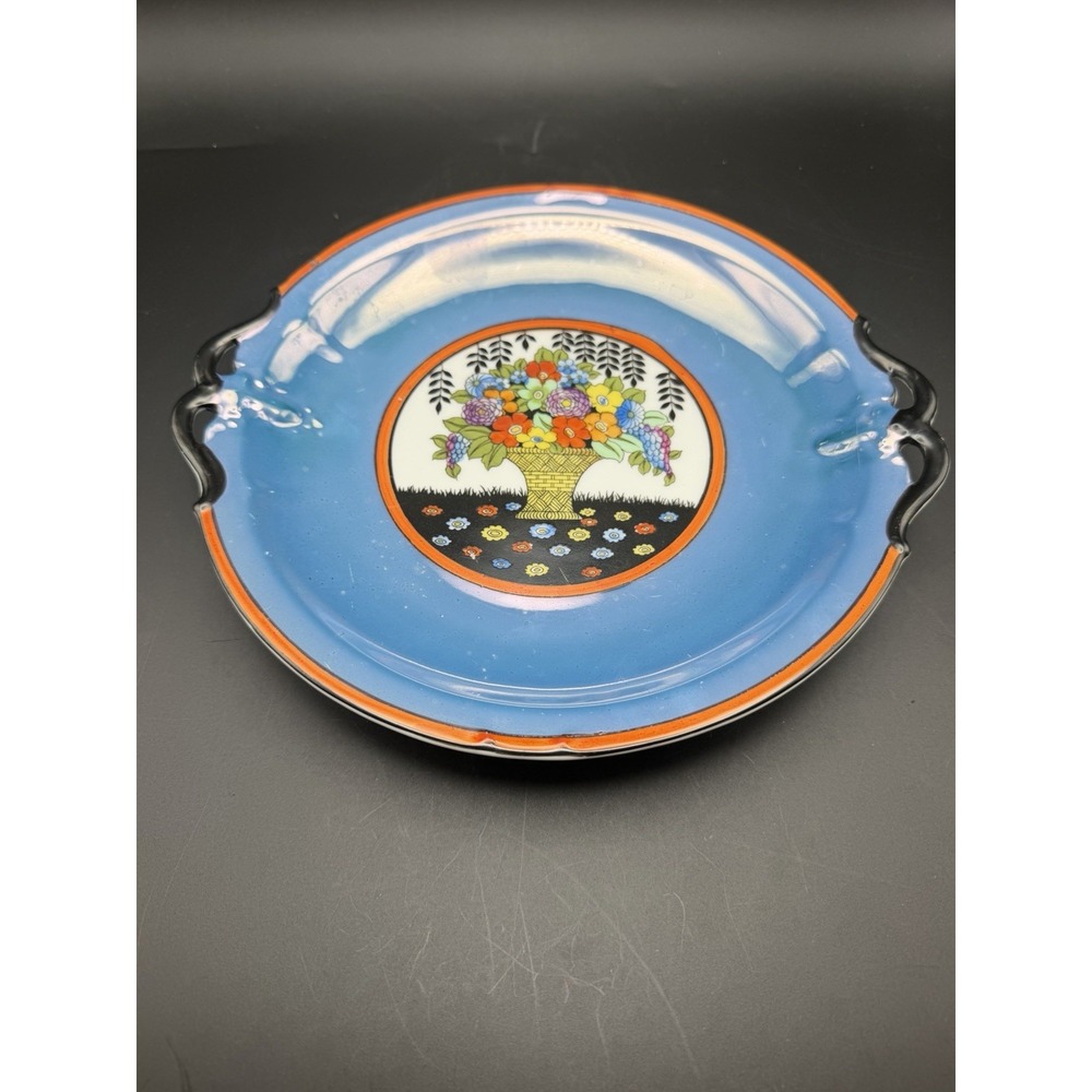 Vintage Noritake Blue Handled Serving Plate Floral Basket Orange Trim 10"
